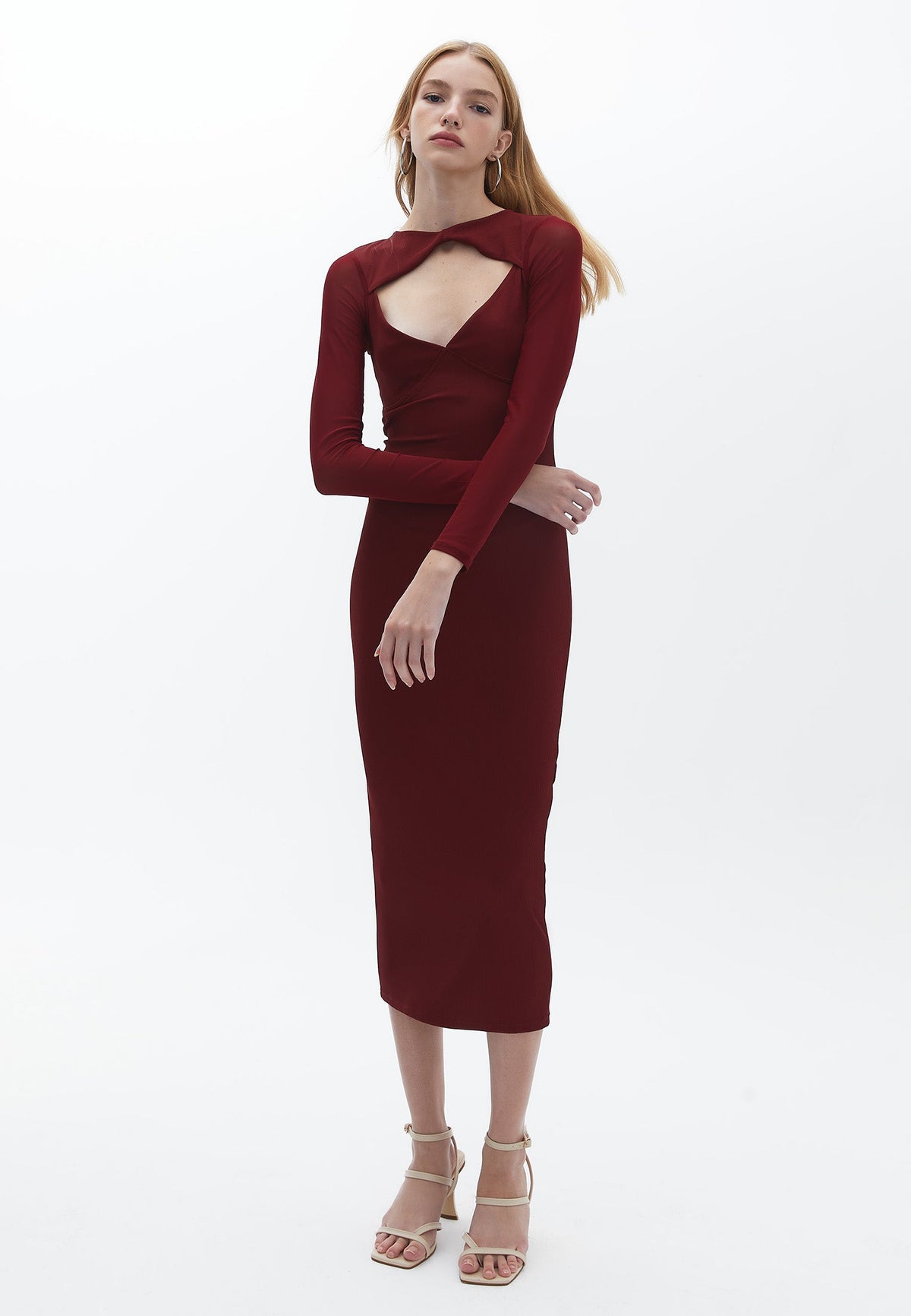 V Neck Long Sleeve Midi Dress - CABERNET