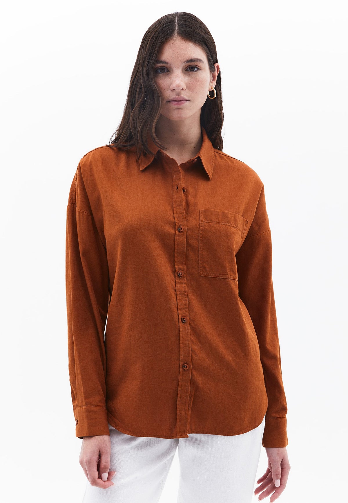 Long Sleeve Shirt Collar Shirt With Button Details - CARAMEL CAFE