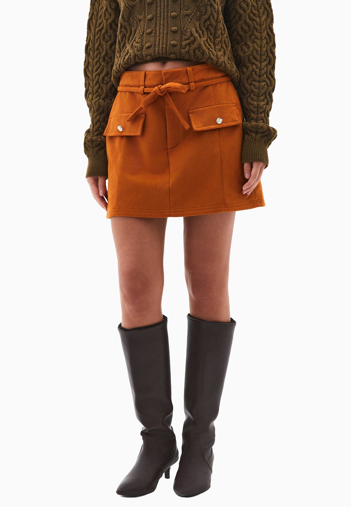 Short High Waist Belted Leather Skirt - CARAMEL CAFE