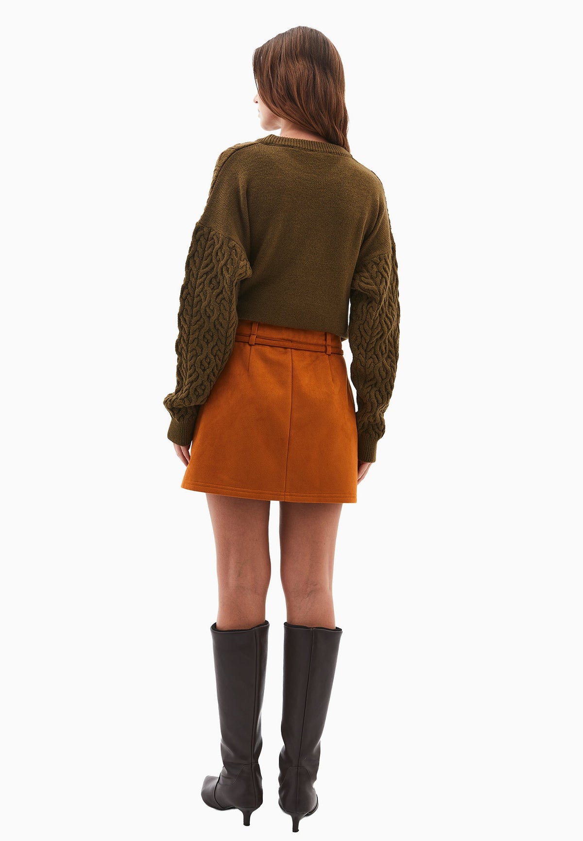 Short High Waist Belted Leather Skirt - CARAMEL CAFE
