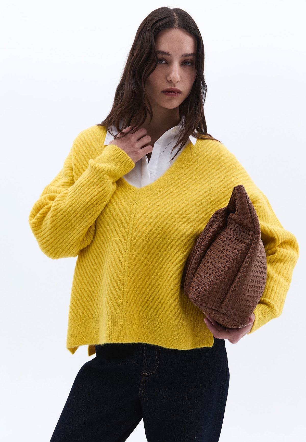 V Neck Long Sleeve Sweater - CELERY