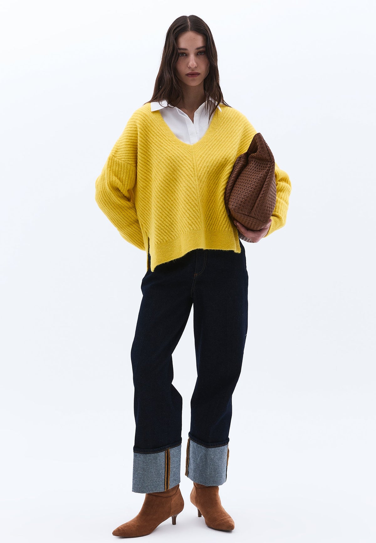 V Neck Long Sleeve Sweater - CELERY