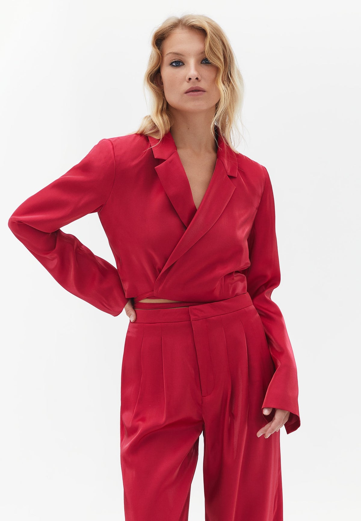 Double Breasted Collar Crop Satin Jacket - CERISE