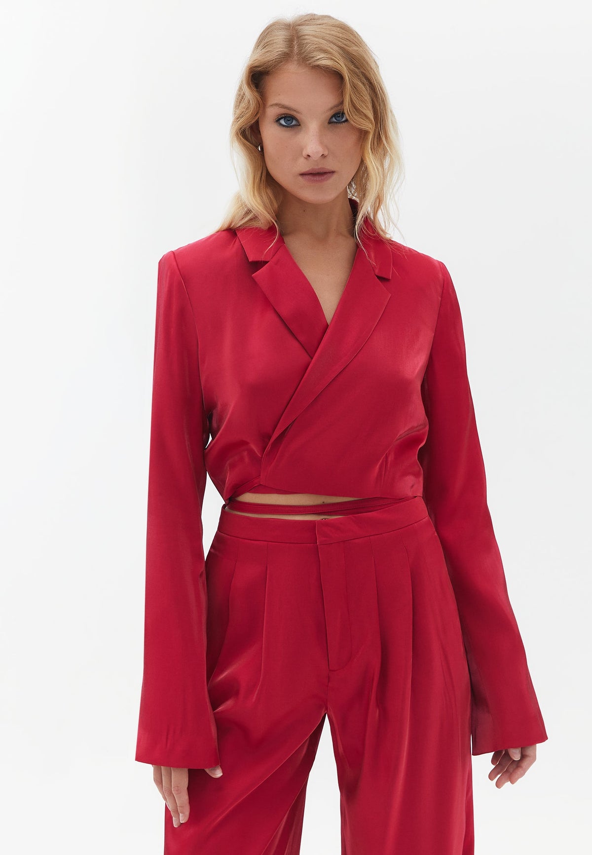 Double Breasted Collar Crop Satin Jacket - CERISE