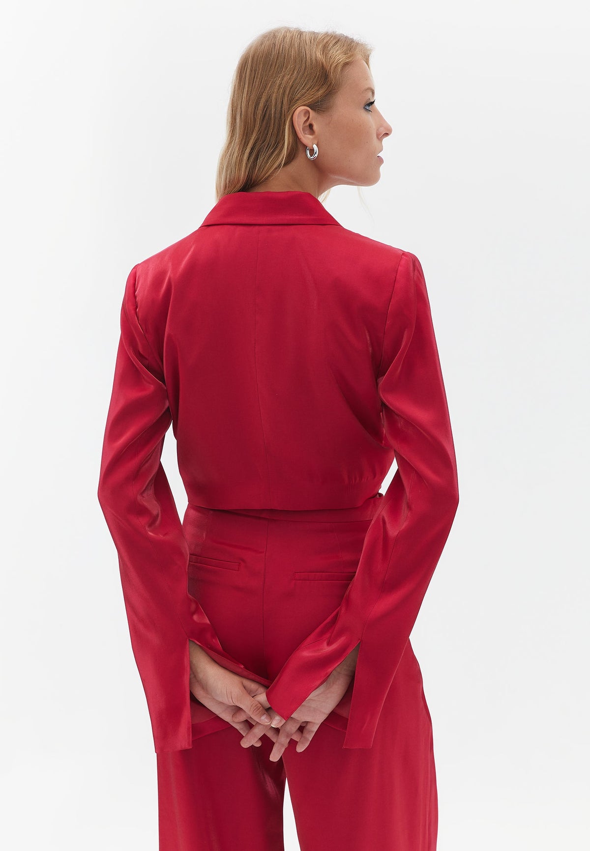 Double Breasted Collar Crop Satin Jacket - CERISE