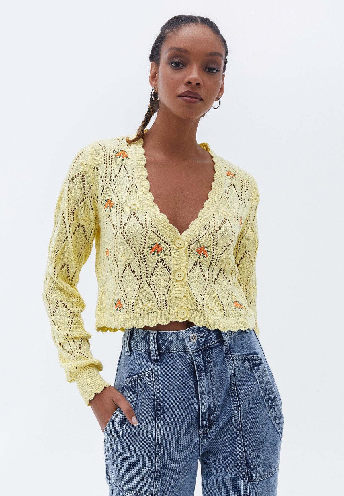 Short Cardigan With Raglan Sleeve And Embroidery - CHARDONNAY