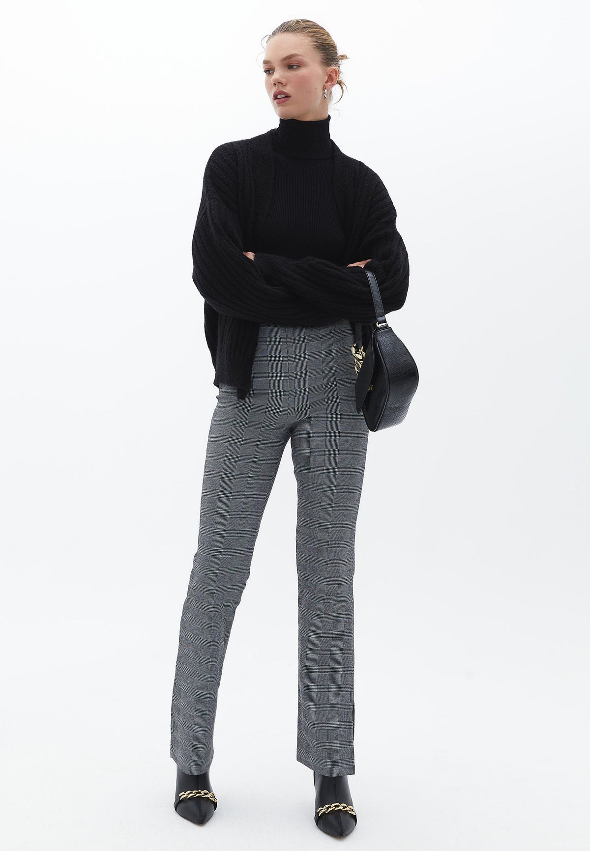 High Waist Straight Leg Pants - CHECK COMB