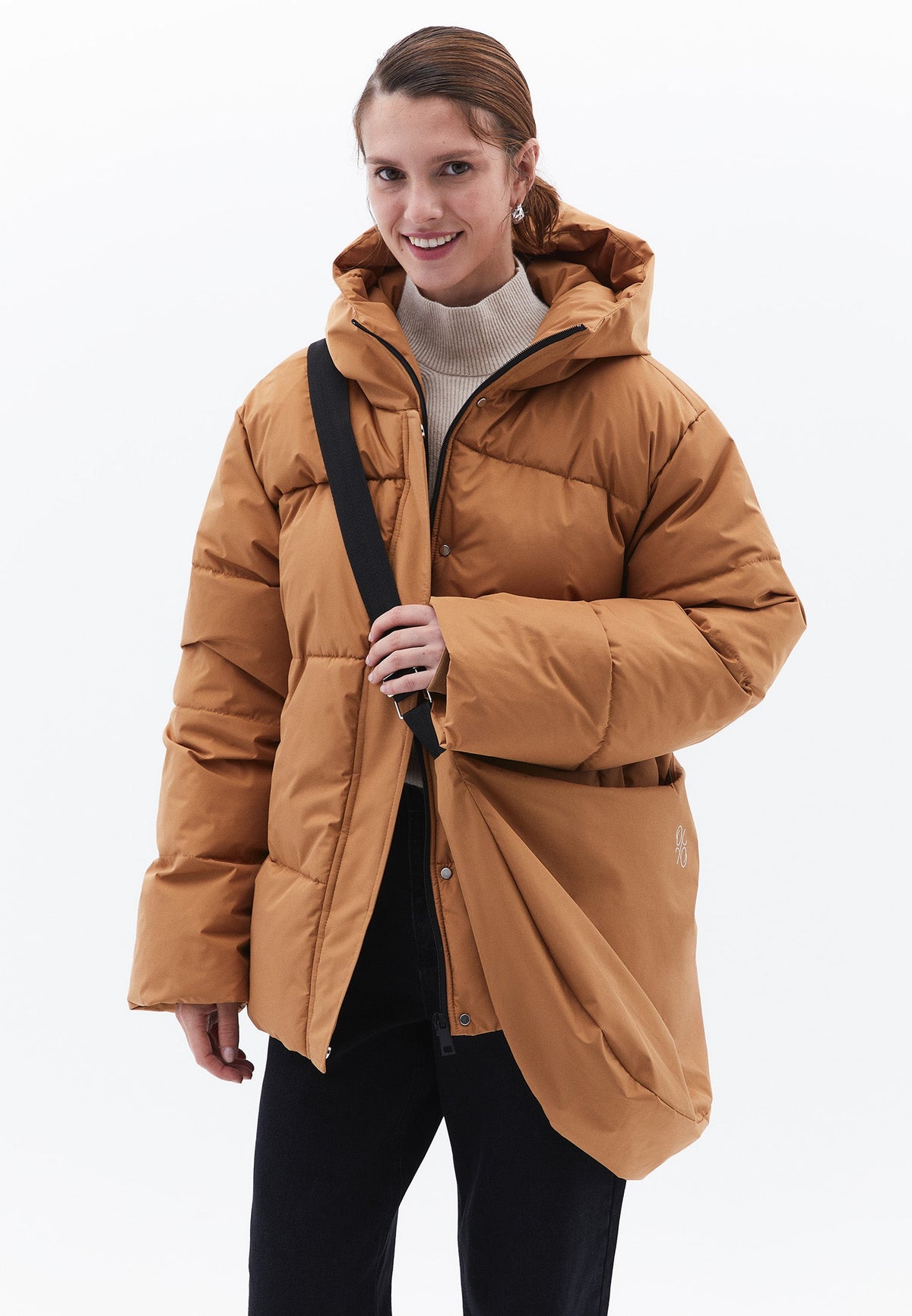 High Collar Long Sleeved Women's Coat - CHIPMUNK