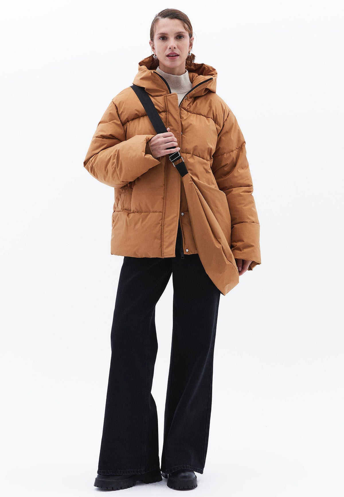 High Collar Long Sleeved Women's Coat - CHIPMUNK