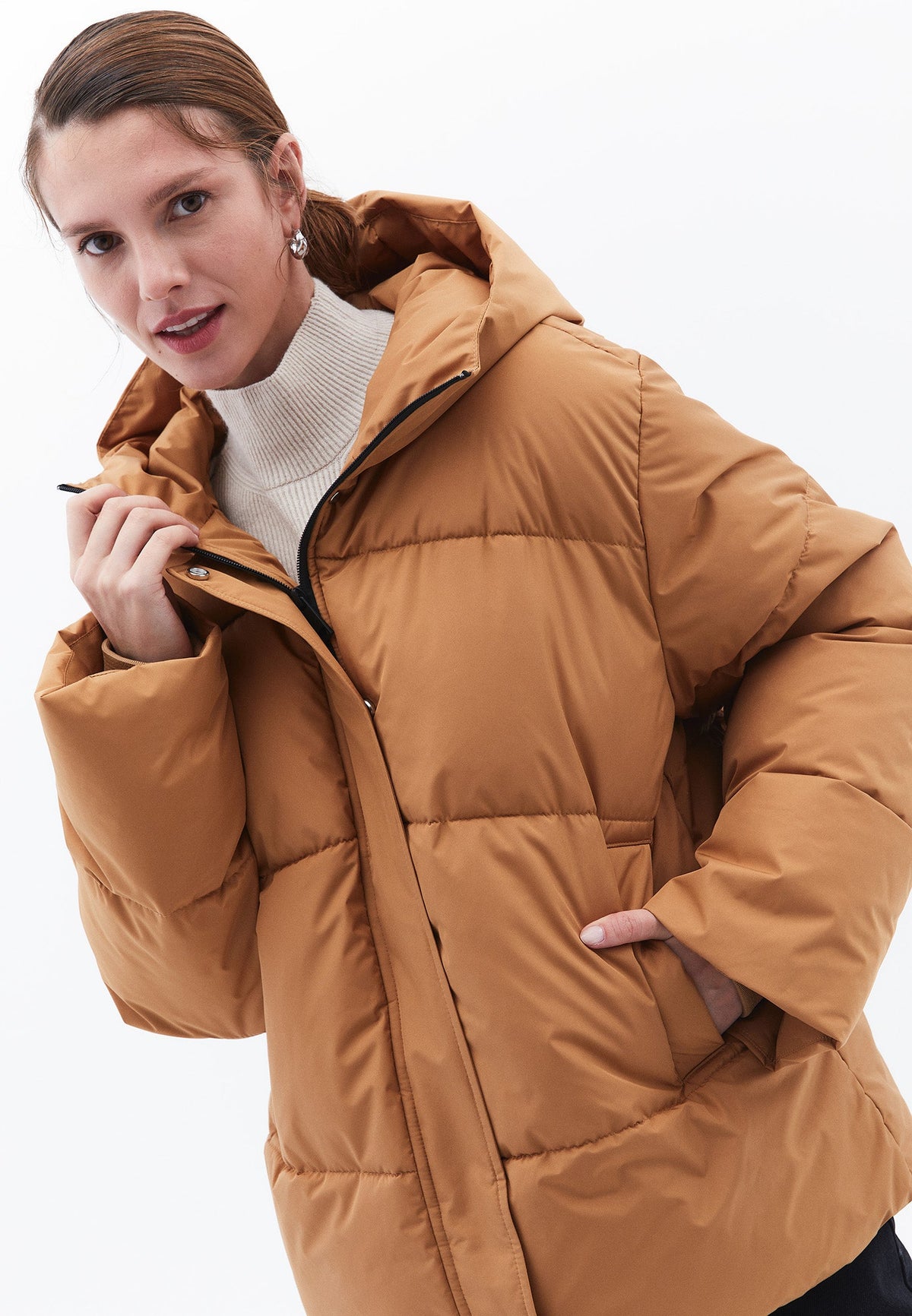 High Collar Long Sleeved Women's Coat - CHIPMUNK
