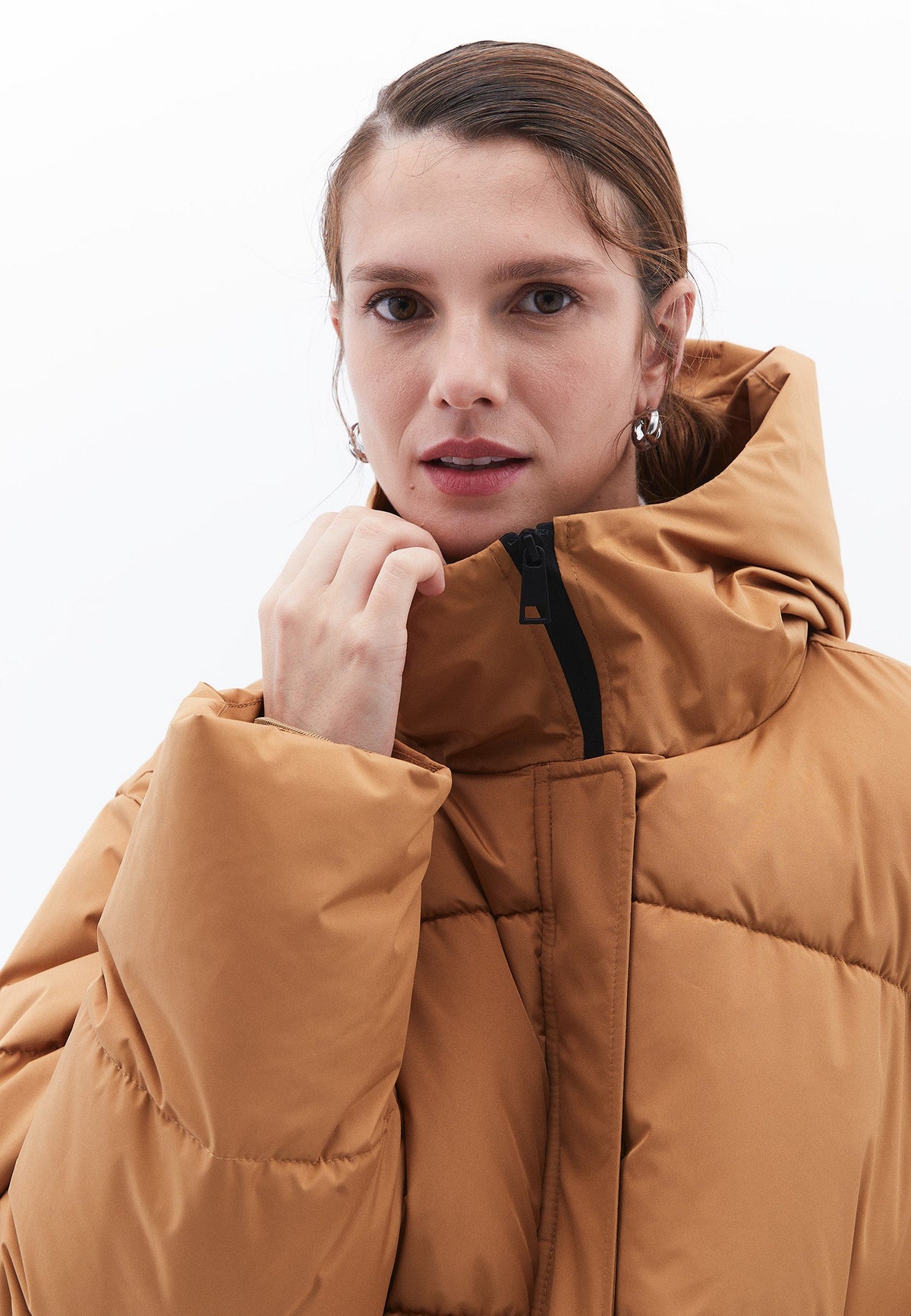 High Collar Long Sleeved Women's Coat - CHIPMUNK