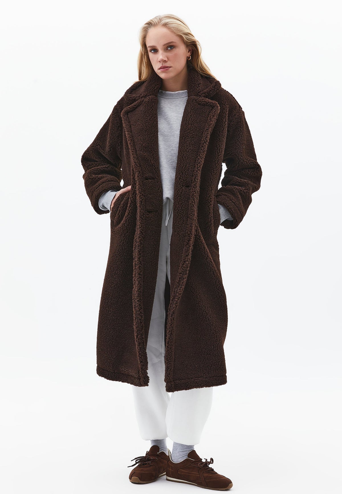 V Neck Long Sleeve Tunic Coat - CHOCOLATE TORTE