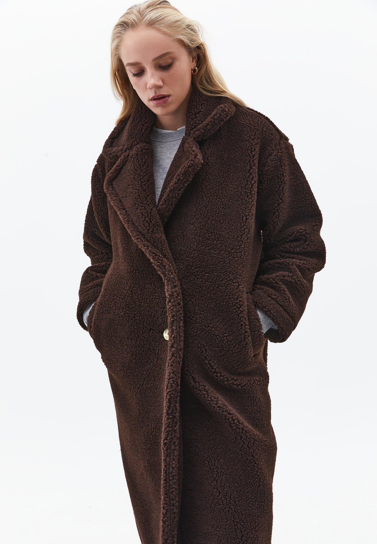 V Neck Long Sleeve Tunic Coat - CHOCOLATE TORTE
