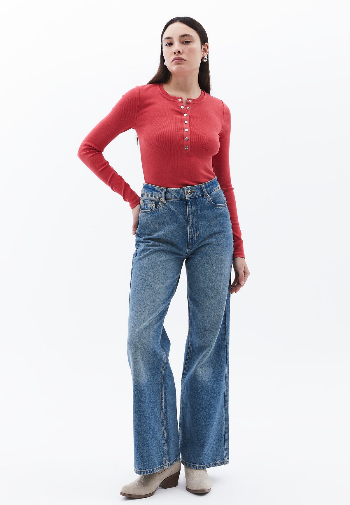 Ribbed Fabric Long Sleeve T-Shirt Crew Neck - CHRYSANTHEMUM