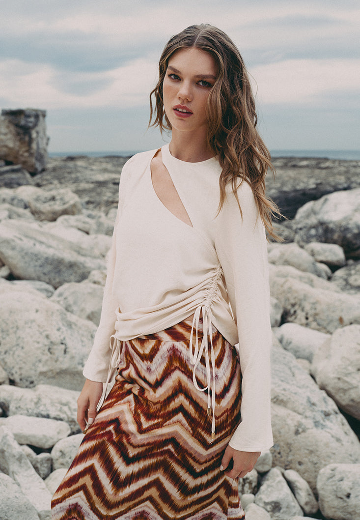 Long Sleeve Blouse With Cutout Detail - CREME BRULEE