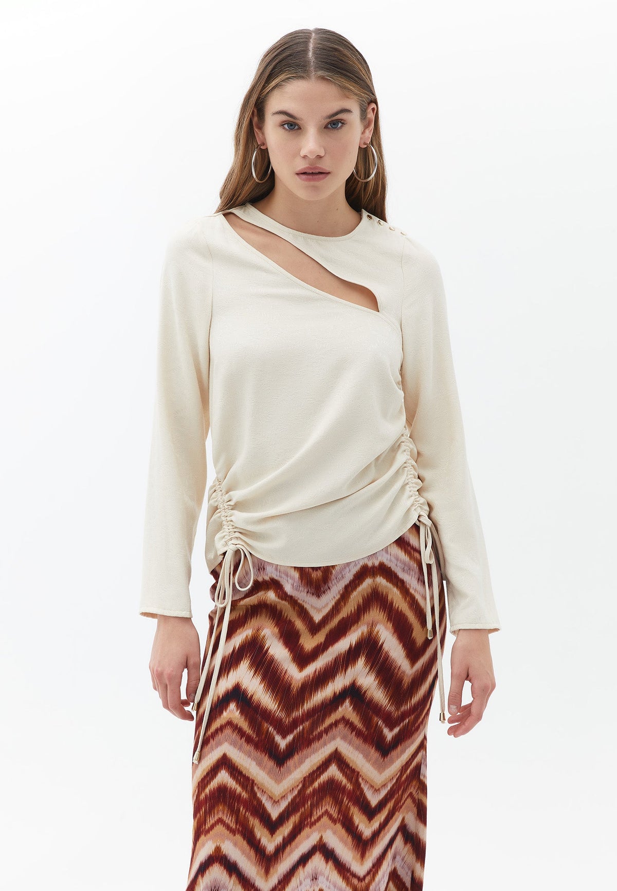 Long Sleeve Blouse With Cutout Detail - CREME BRULEE