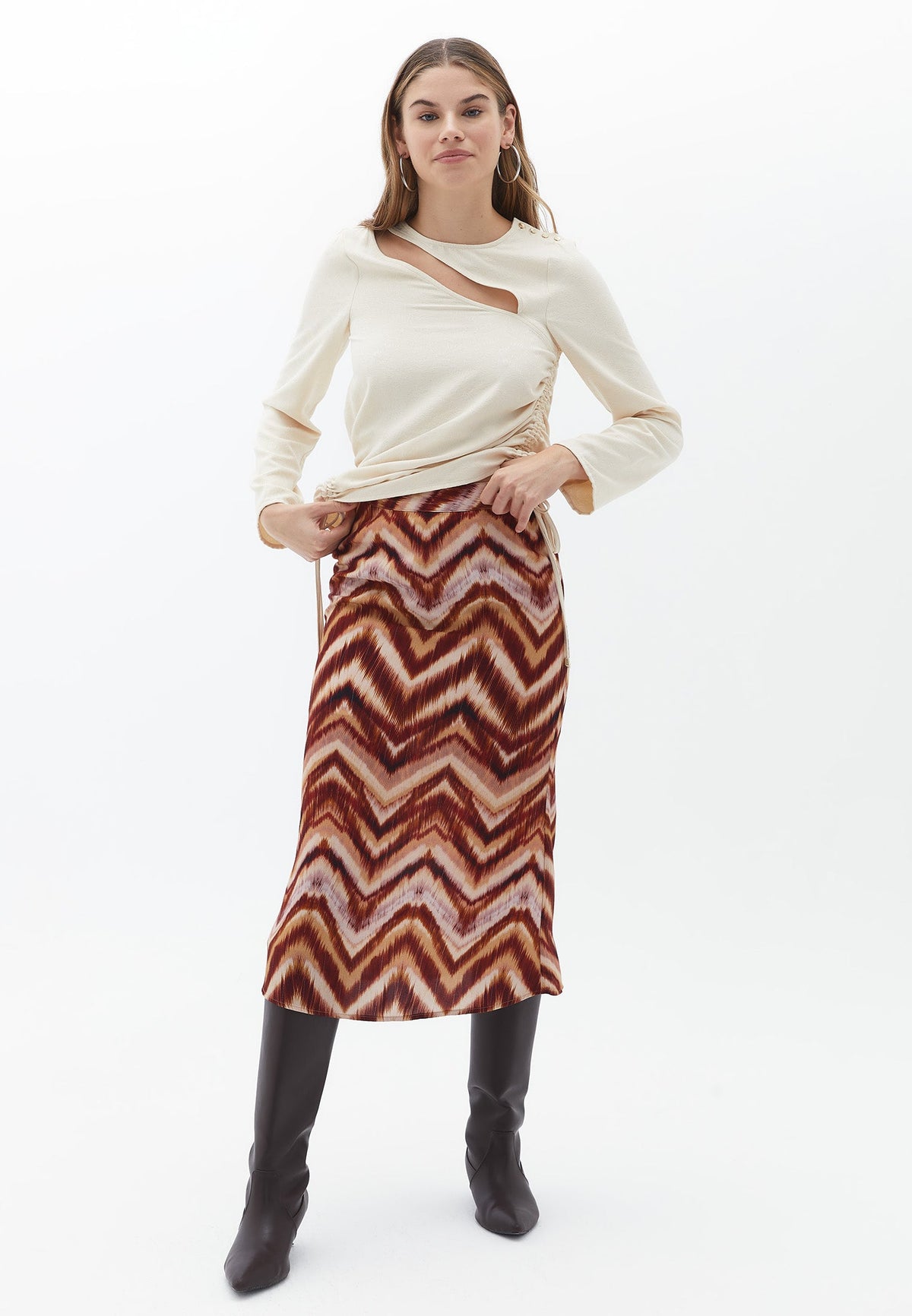 Long Sleeve Blouse With Cutout Detail - CREME BRULEE