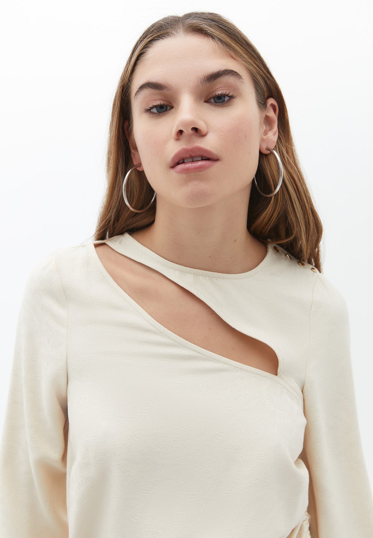 Long Sleeve Blouse With Cutout Detail - CREME BRULEE