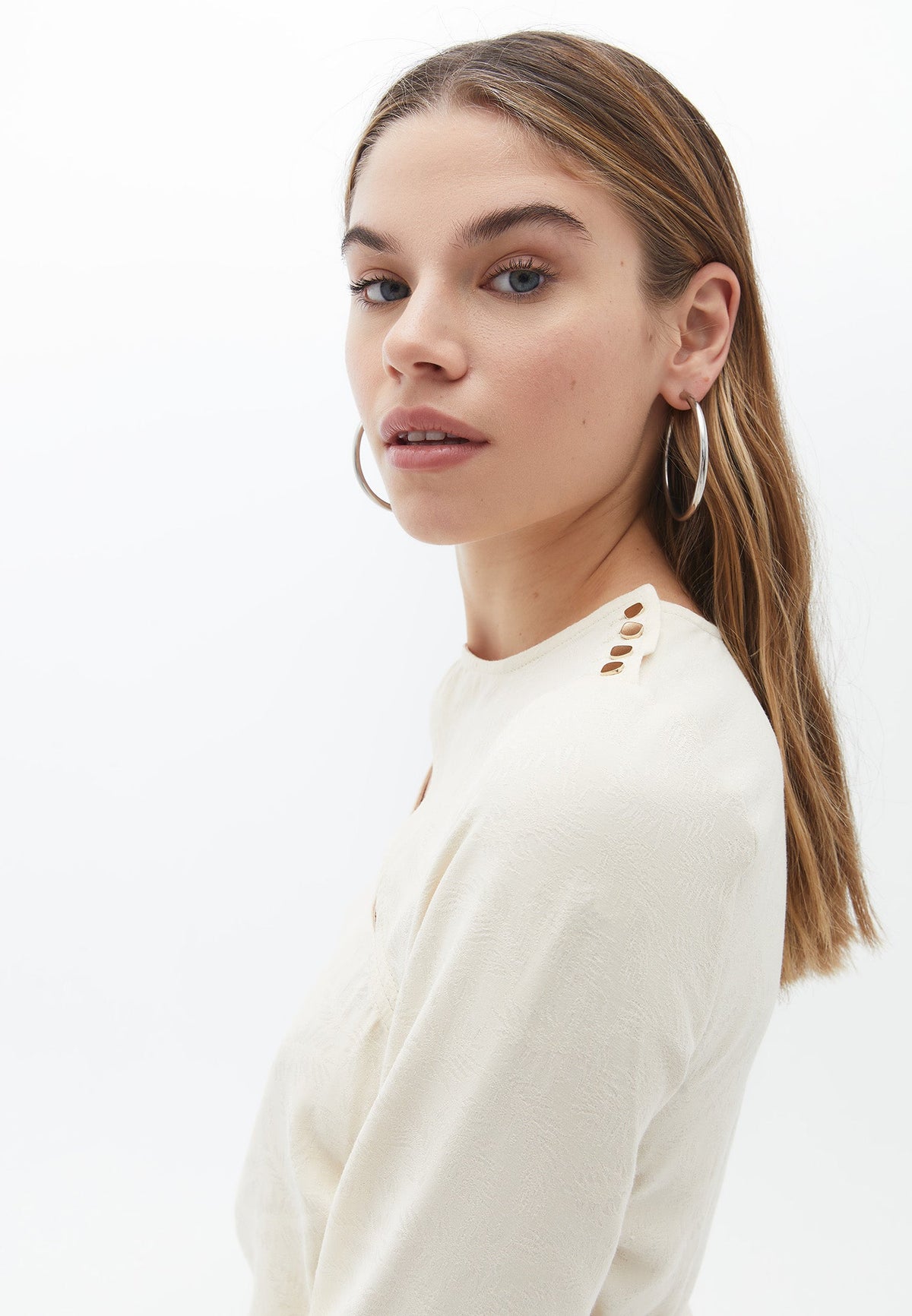 Long Sleeve Blouse With Cutout Detail - CREME BRULEE
