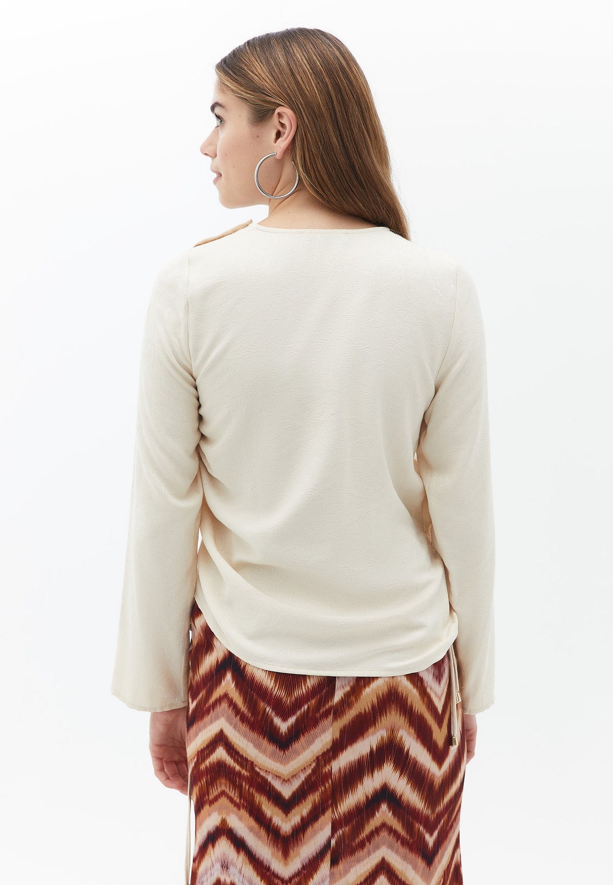Long Sleeve Blouse With Cutout Detail - CREME BRULEE