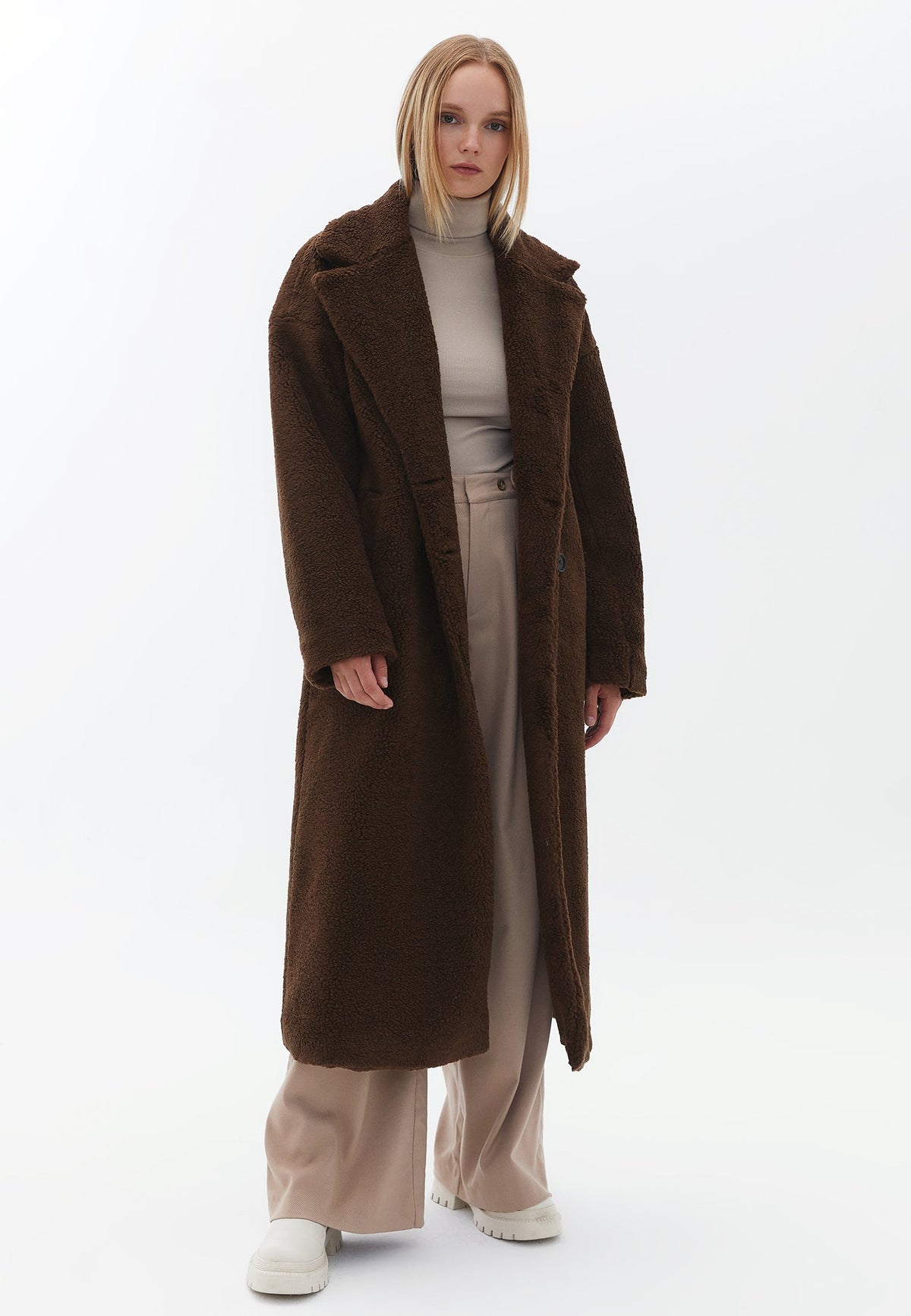 Long Oversize Boucle Coat - DARK EARTH