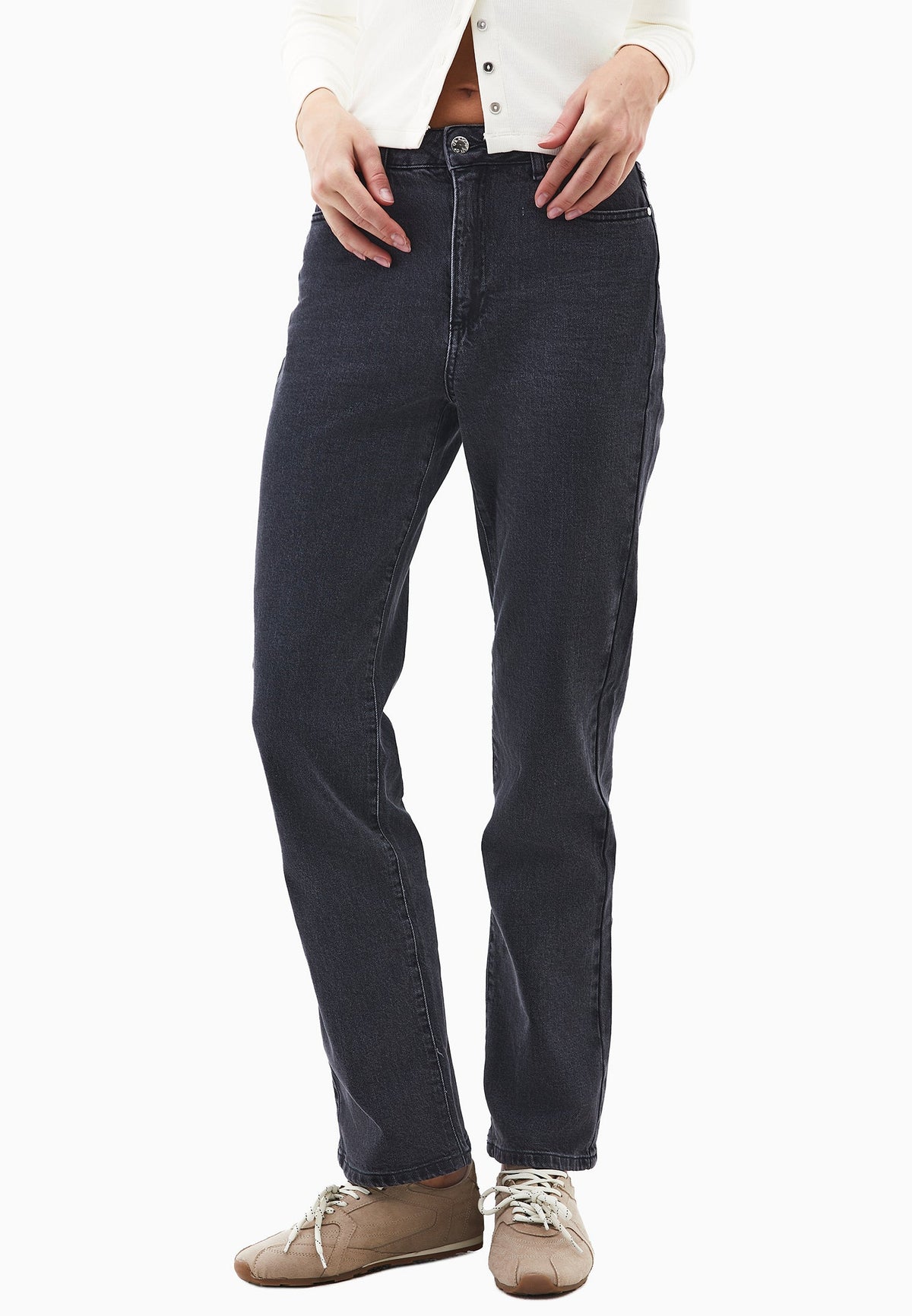 High Waist Straight Leg Denim Pants - DARK GREY DENIM