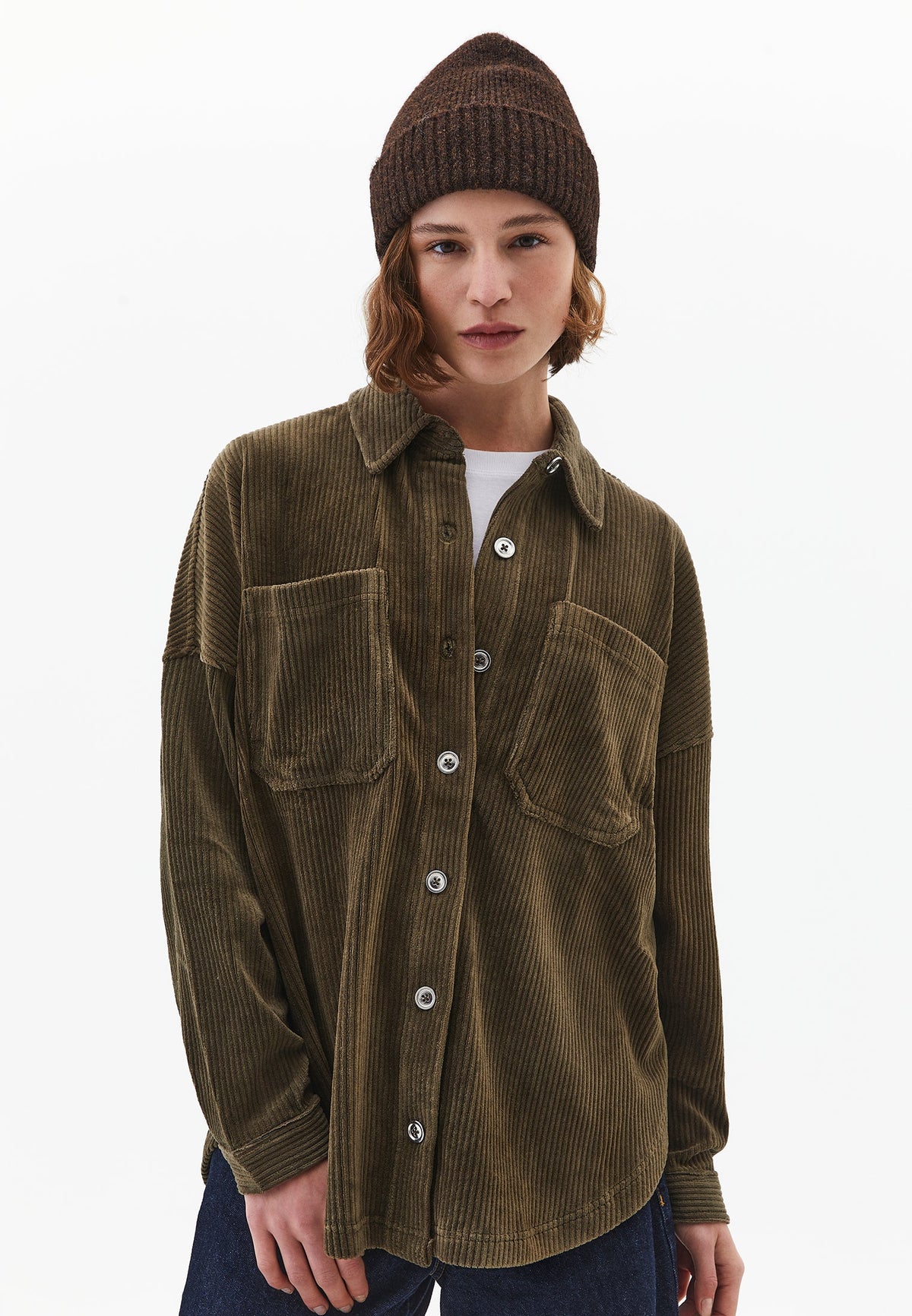 Oversize Pocket Detailed Ribbed Shirt - DARK OLIVE