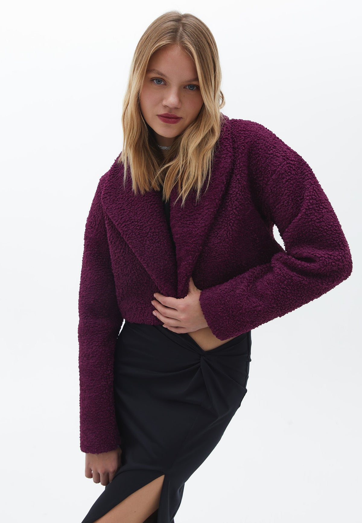Oversize Crop Bouclé Jacket - DARK PURPLE