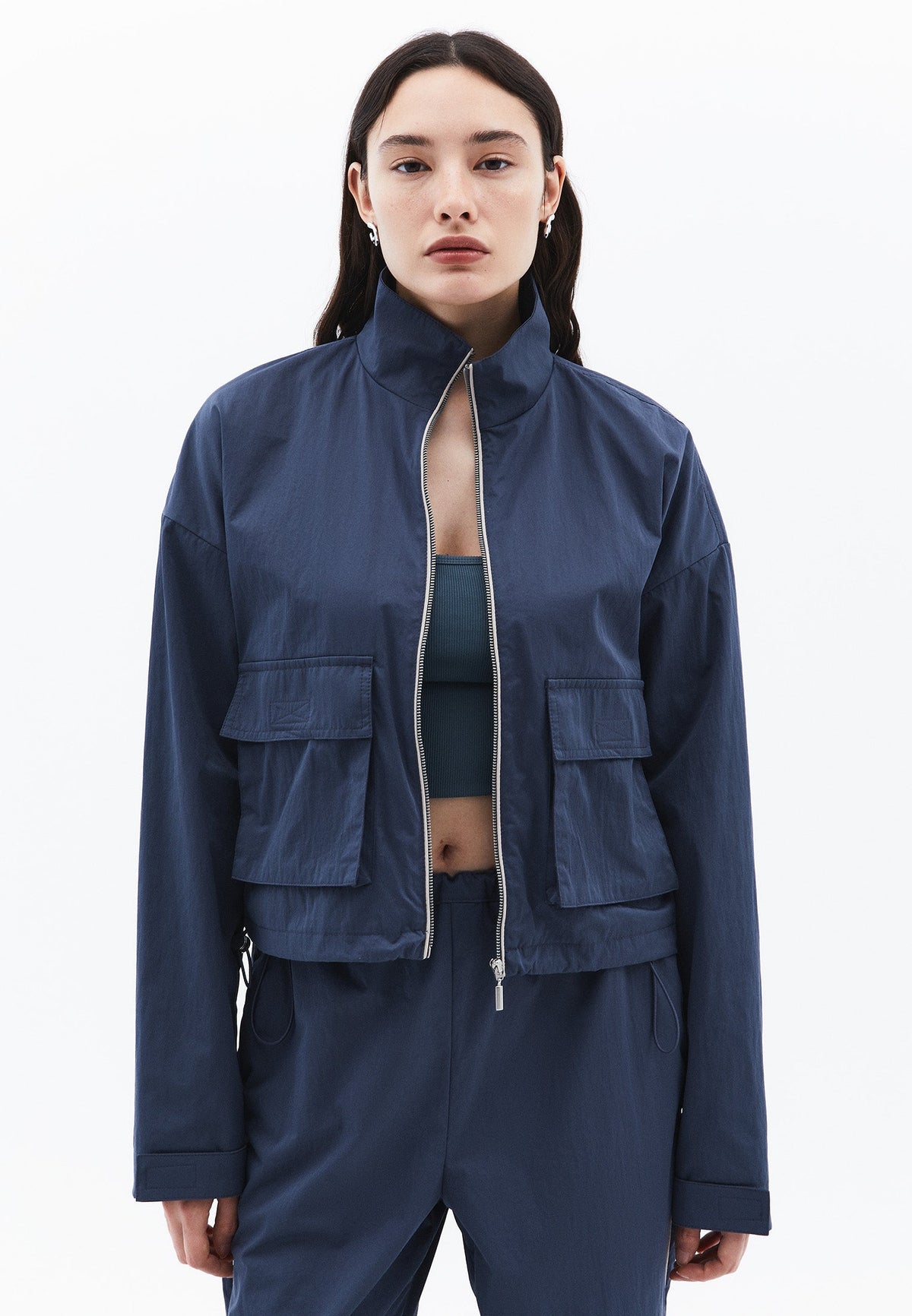 Jacket With Pockets, High Collar, Long Sleeves - DARK SLATE