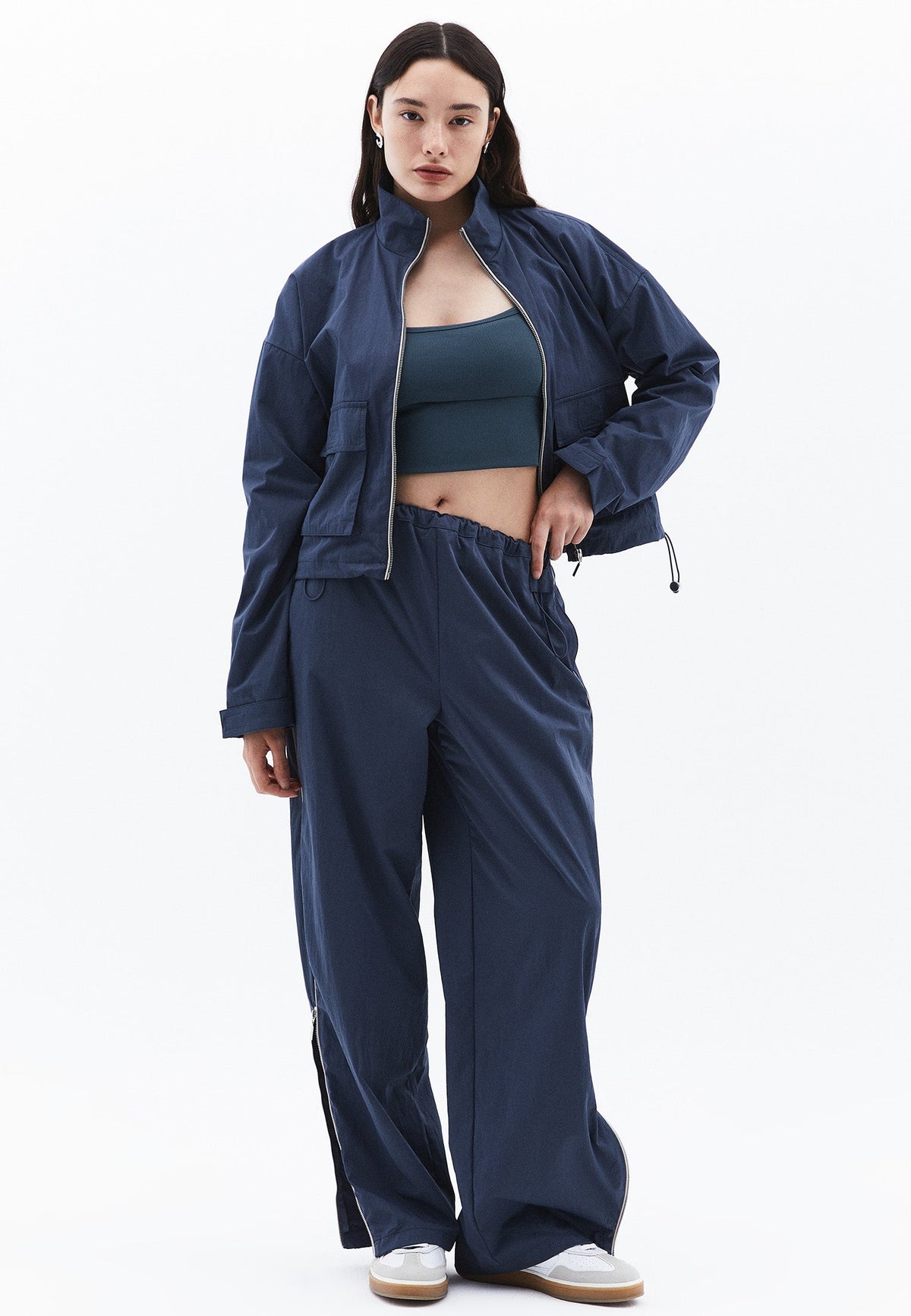 Jacket With Pockets, High Collar, Long Sleeves - DARK SLATE
