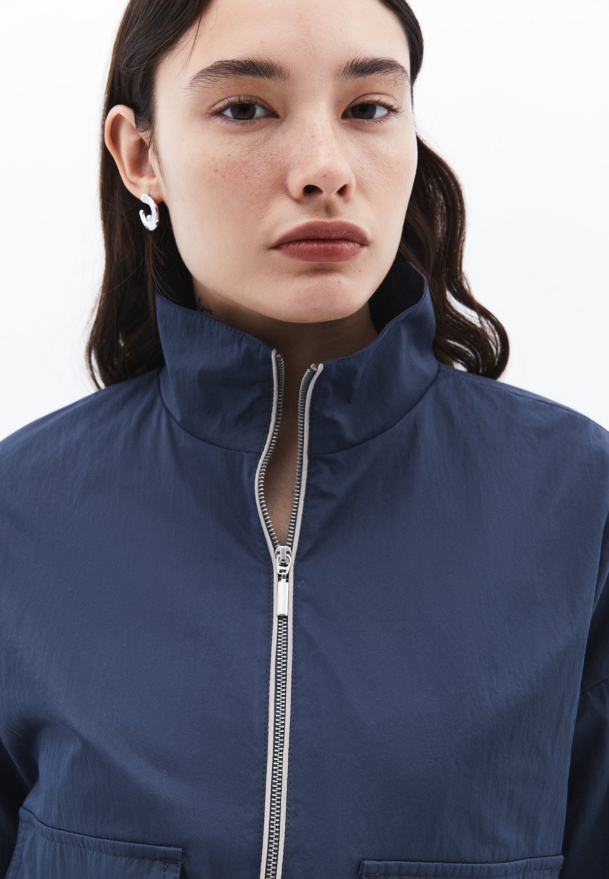 Jacket With Pockets, High Collar, Long Sleeves - DARK SLATE