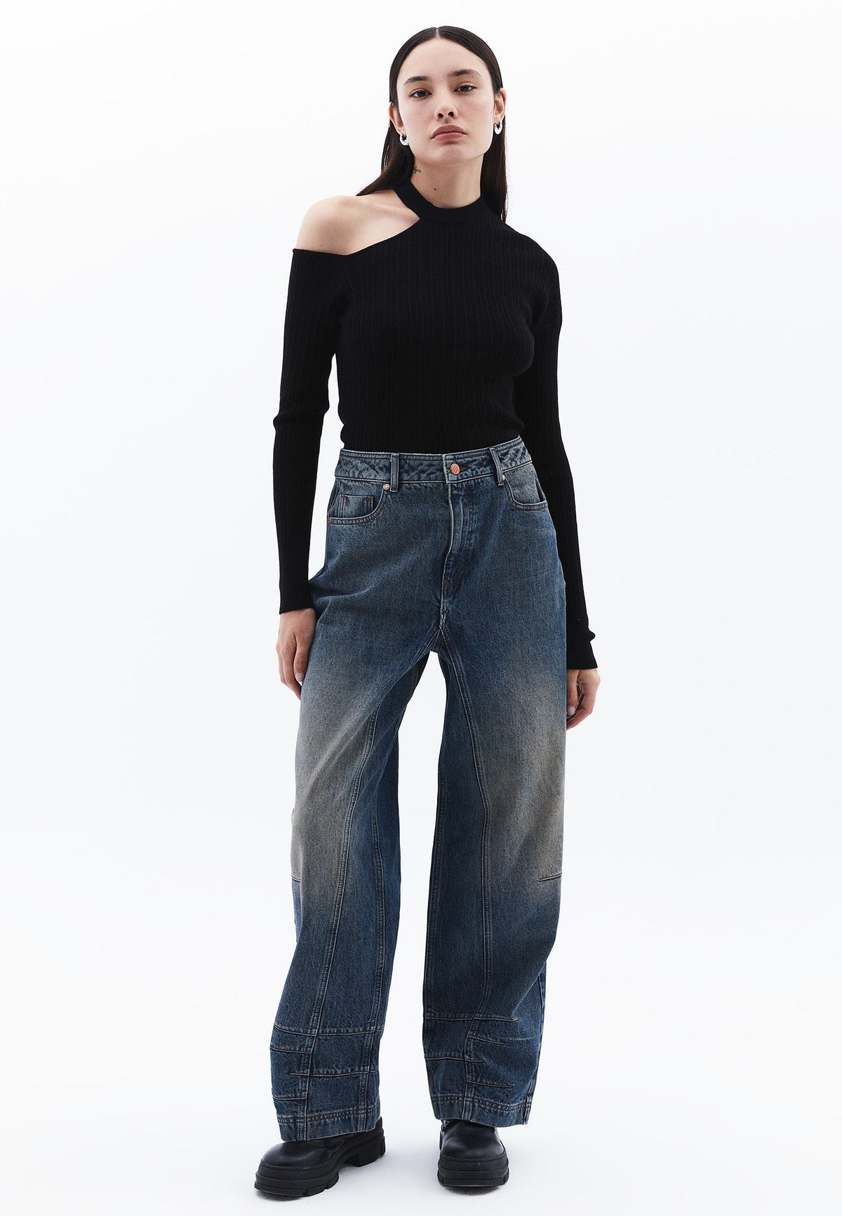 Baggy Pants With Cut-Out Details - DARK TOBACCO DENIM
