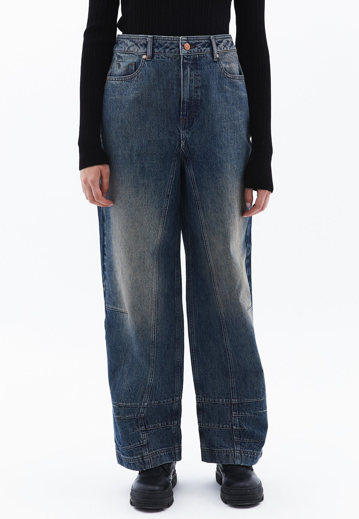 Baggy Pants With Cut-Out Details - DARK TOBACCO DENIM