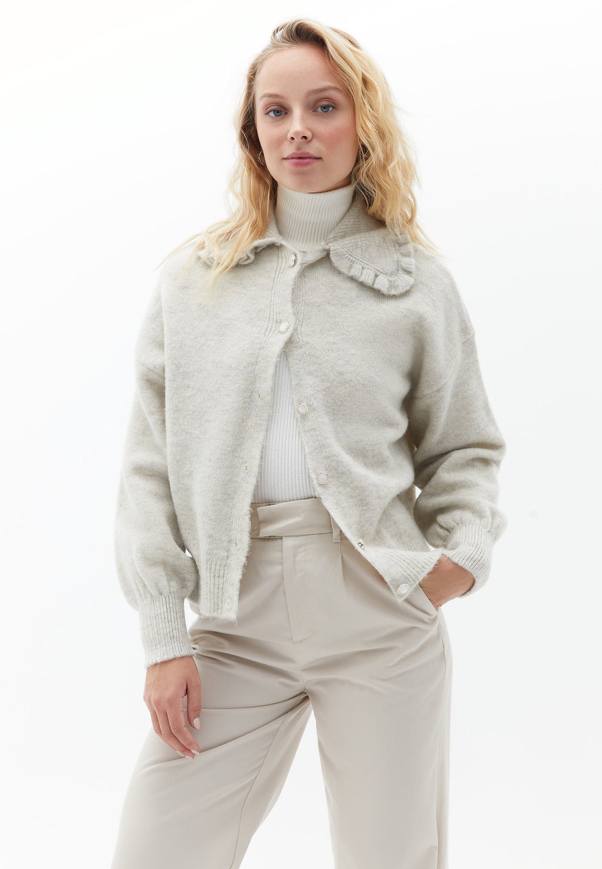 Polo Collar Long Sleeve Cardigan - DAWN BLUE MELANGE