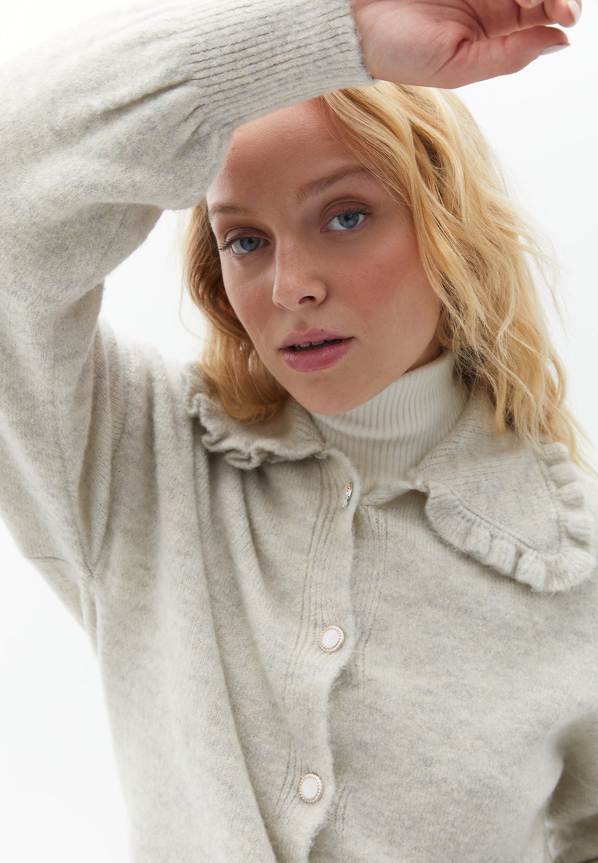 Polo Collar Long Sleeve Cardigan - DAWN BLUE MELANGE