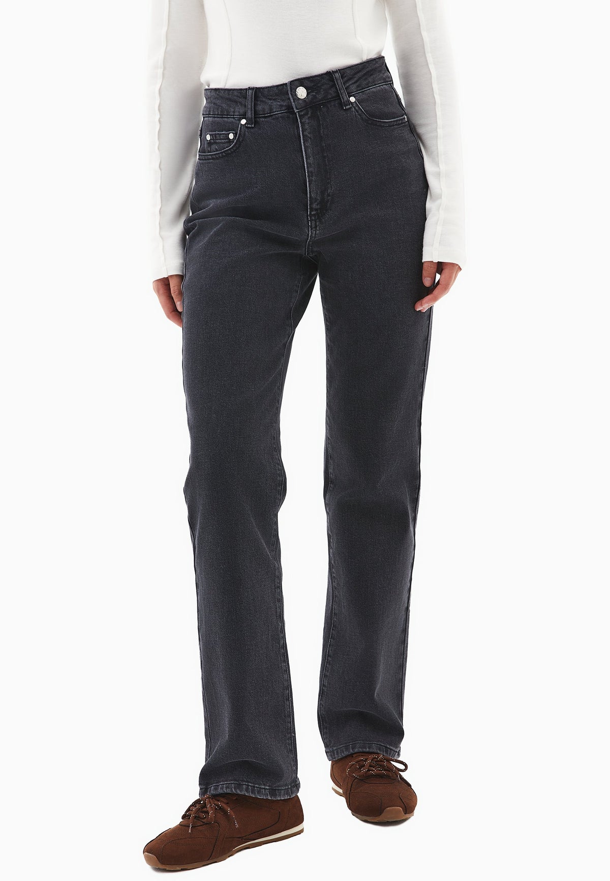 High Waist Straight Leg Denim Pants - DEEP GREY DENIM