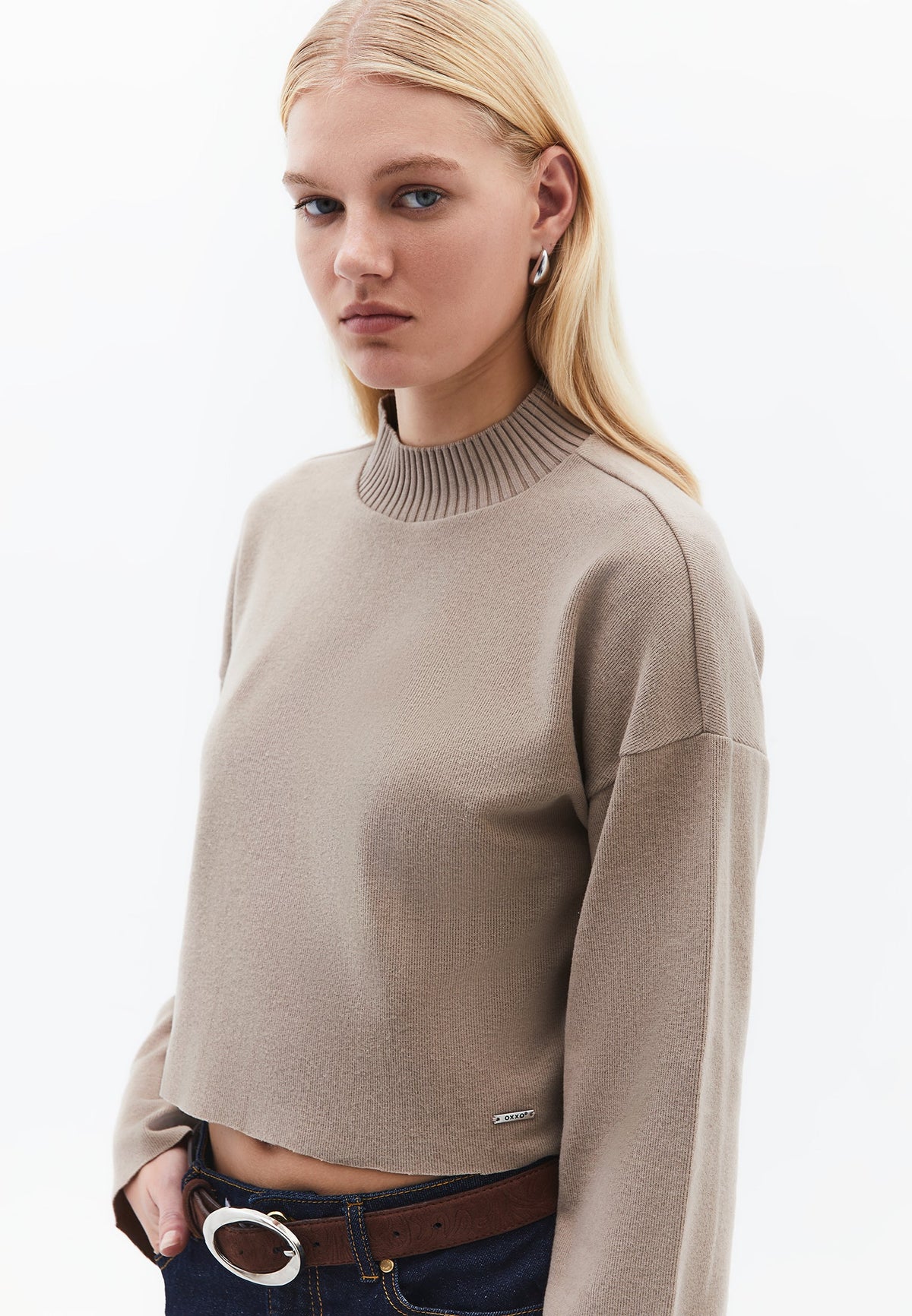 High Neck Cropped Sweater - DESERT TAUPE