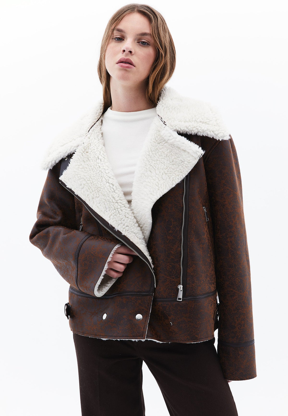 Double Breasted Collar Leather Jacket - DOWNTOWN BROWN
