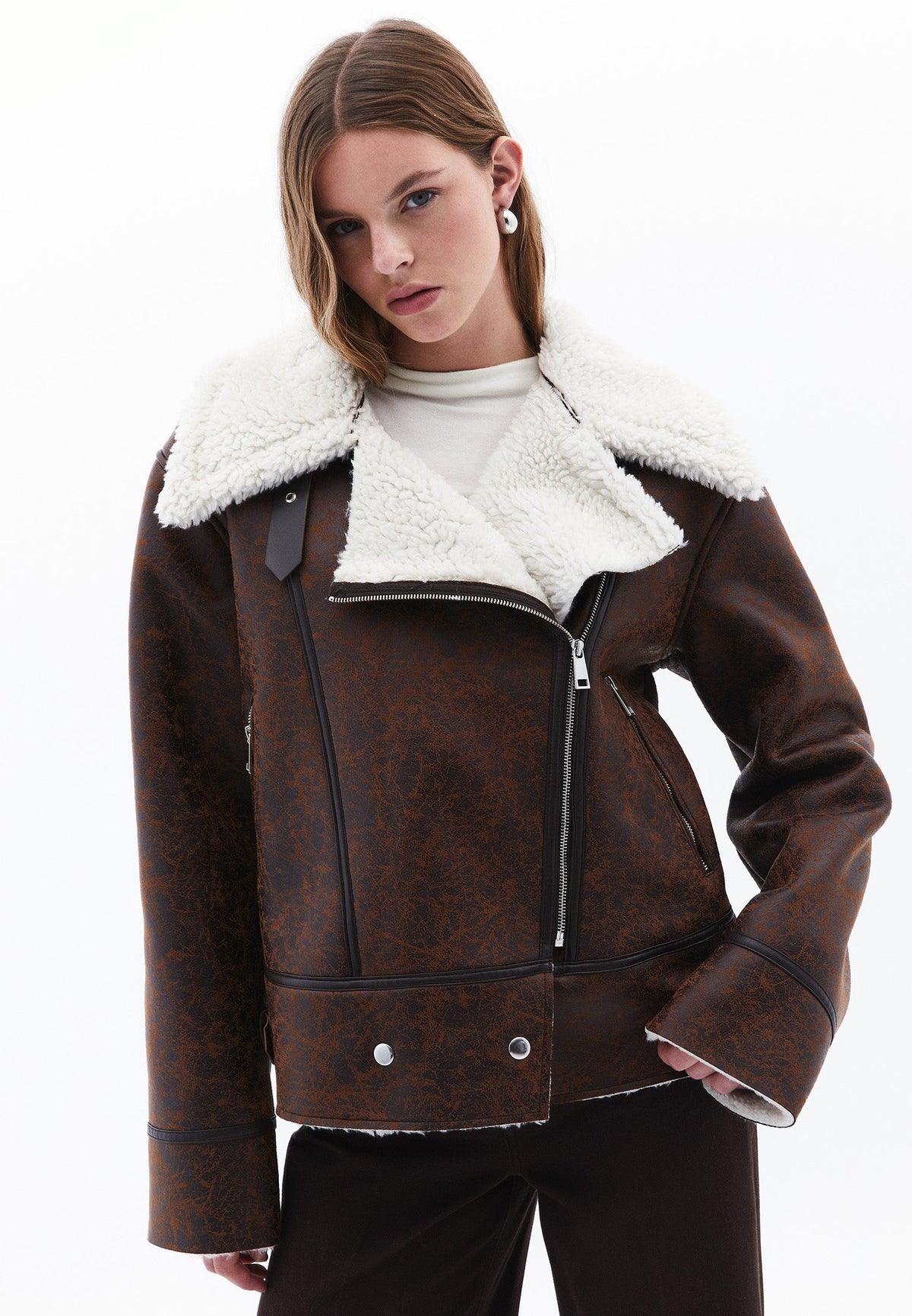 Double Breasted Collar Leather Jacket - DOWNTOWN BROWN