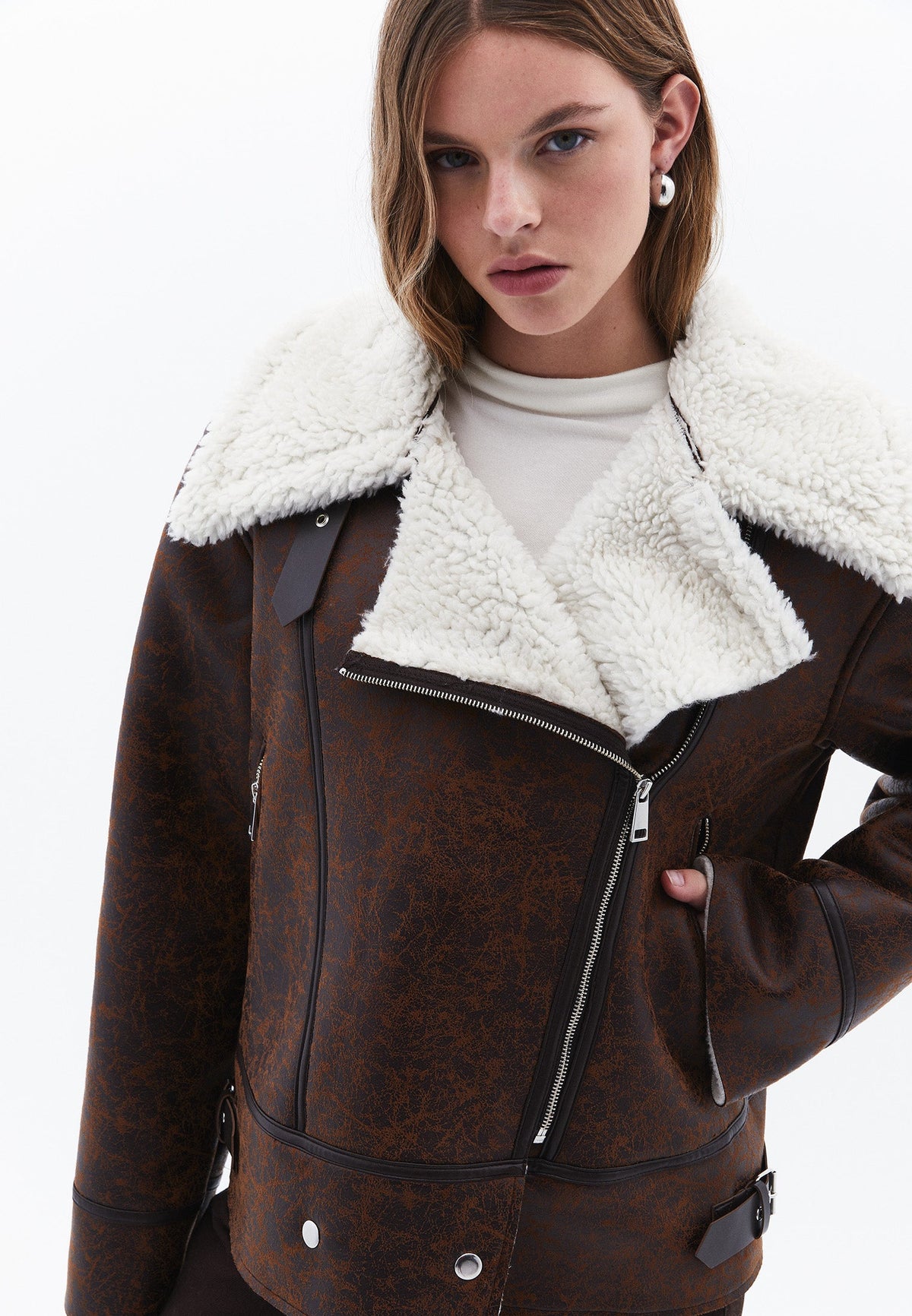 Double Breasted Collar Leather Jacket - DOWNTOWN BROWN