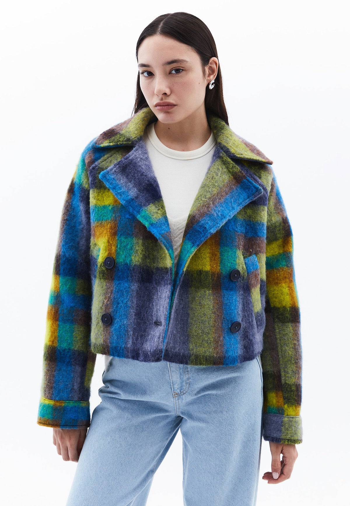 Oversize Double-Breasted Checked Crop Jacket - EKO COMB