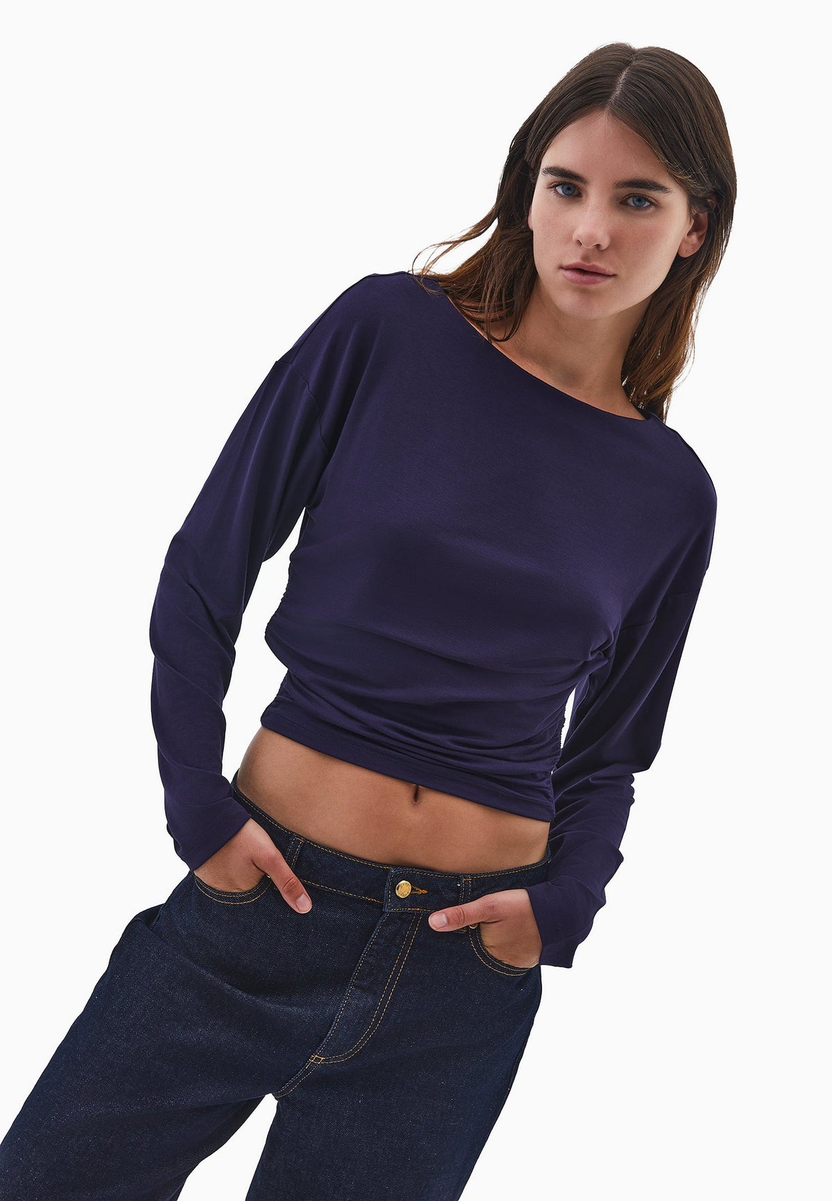 Boat Neck Long Sleeve T-Shirt - EVENING BLUE
