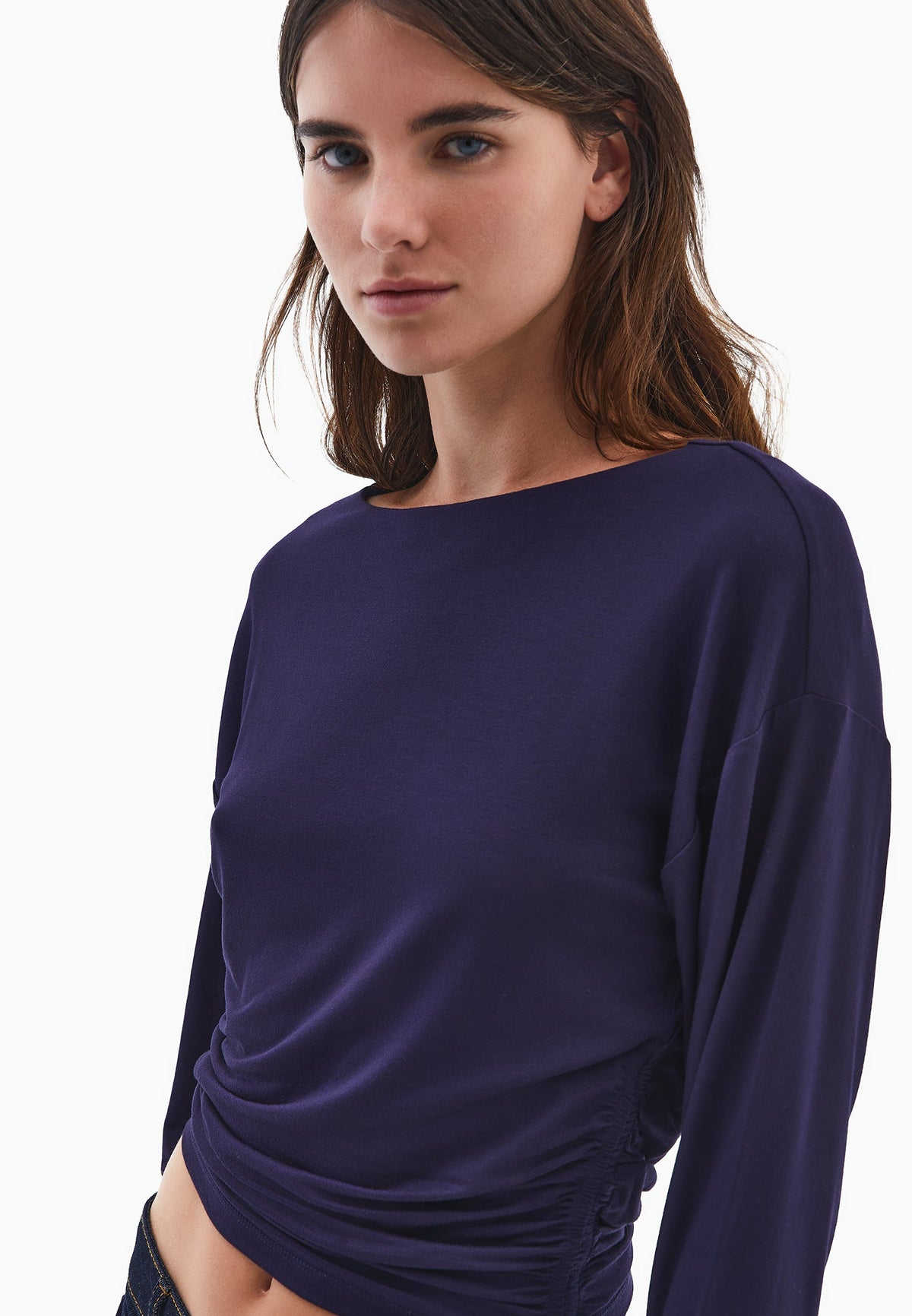 Boat Neck Long Sleeve T-Shirt - EVENING BLUE