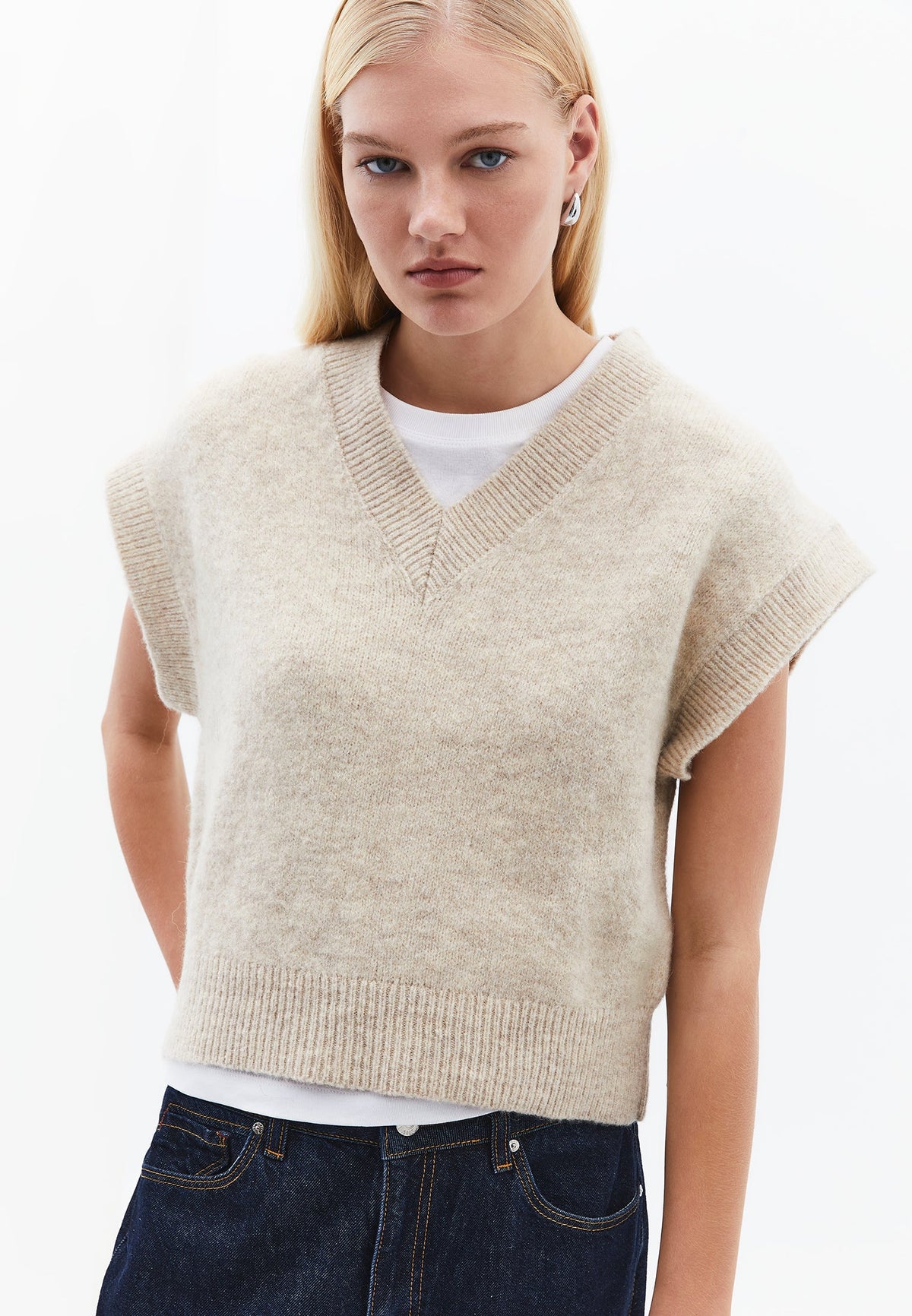 V Neck Short Comfortable Knit Vest - FEATHER GRAY MELANGE