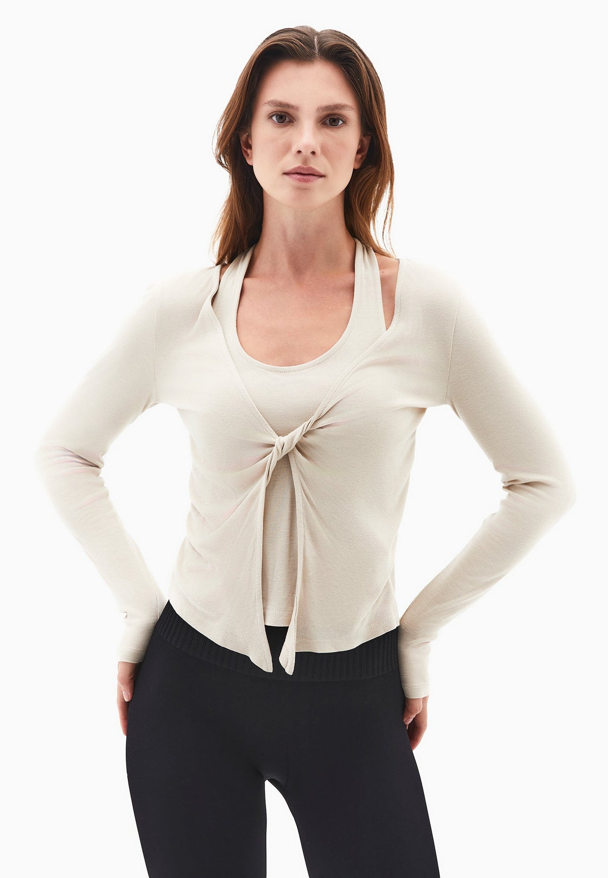 V Neck Long Sleeve T-Shirt - FEATHER GRAY