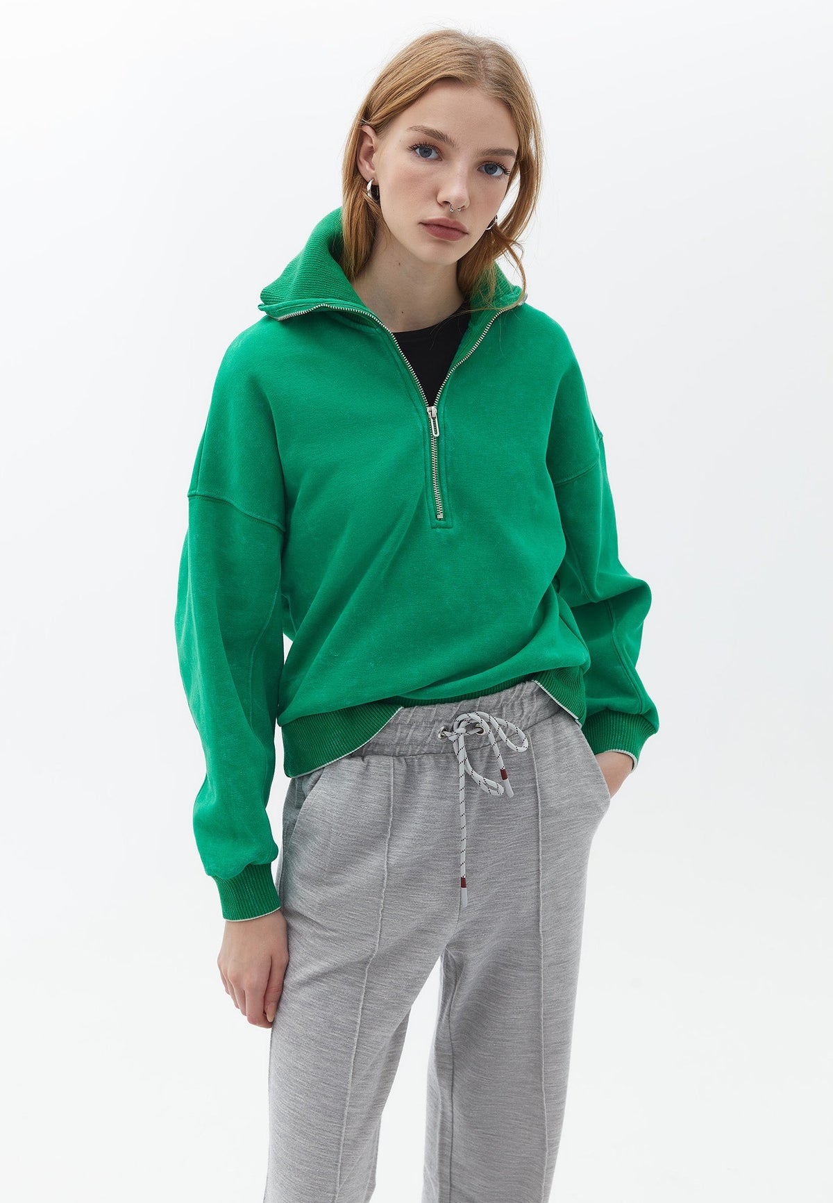 High Neck Long Sleeve Sweatshirt - FERN GREEN
