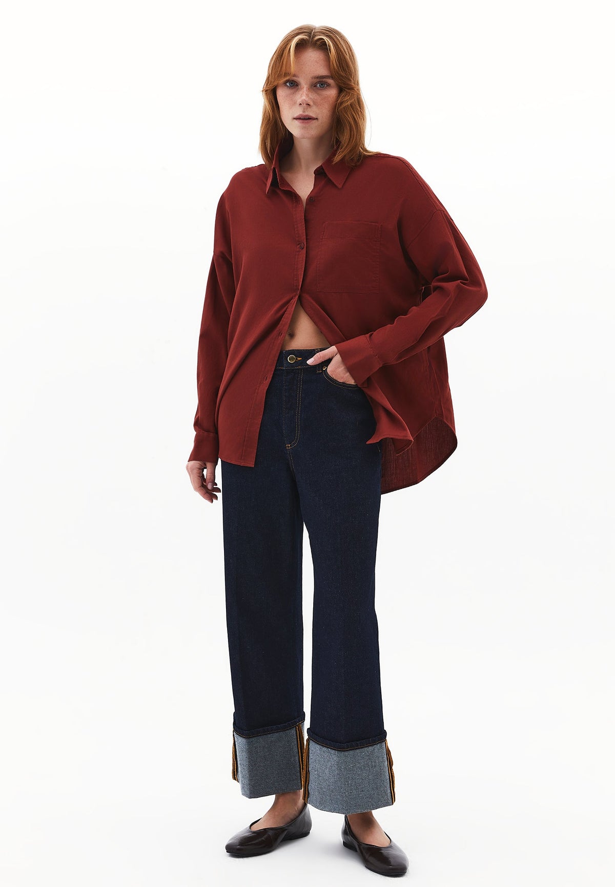 High Neck T-Shirt With Zipper Detail - FIRED BRICK
