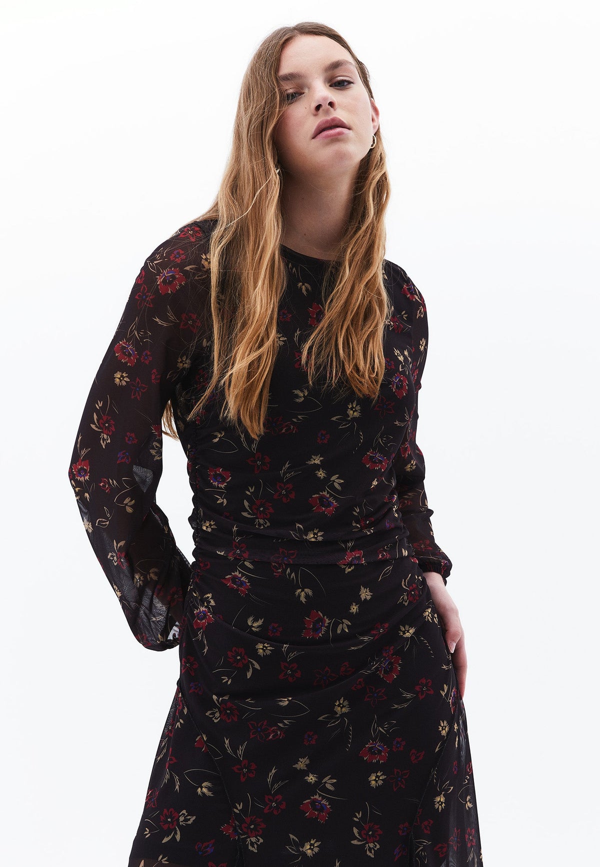 Long A-Line Crew Neck Dress - FLORAL COMB