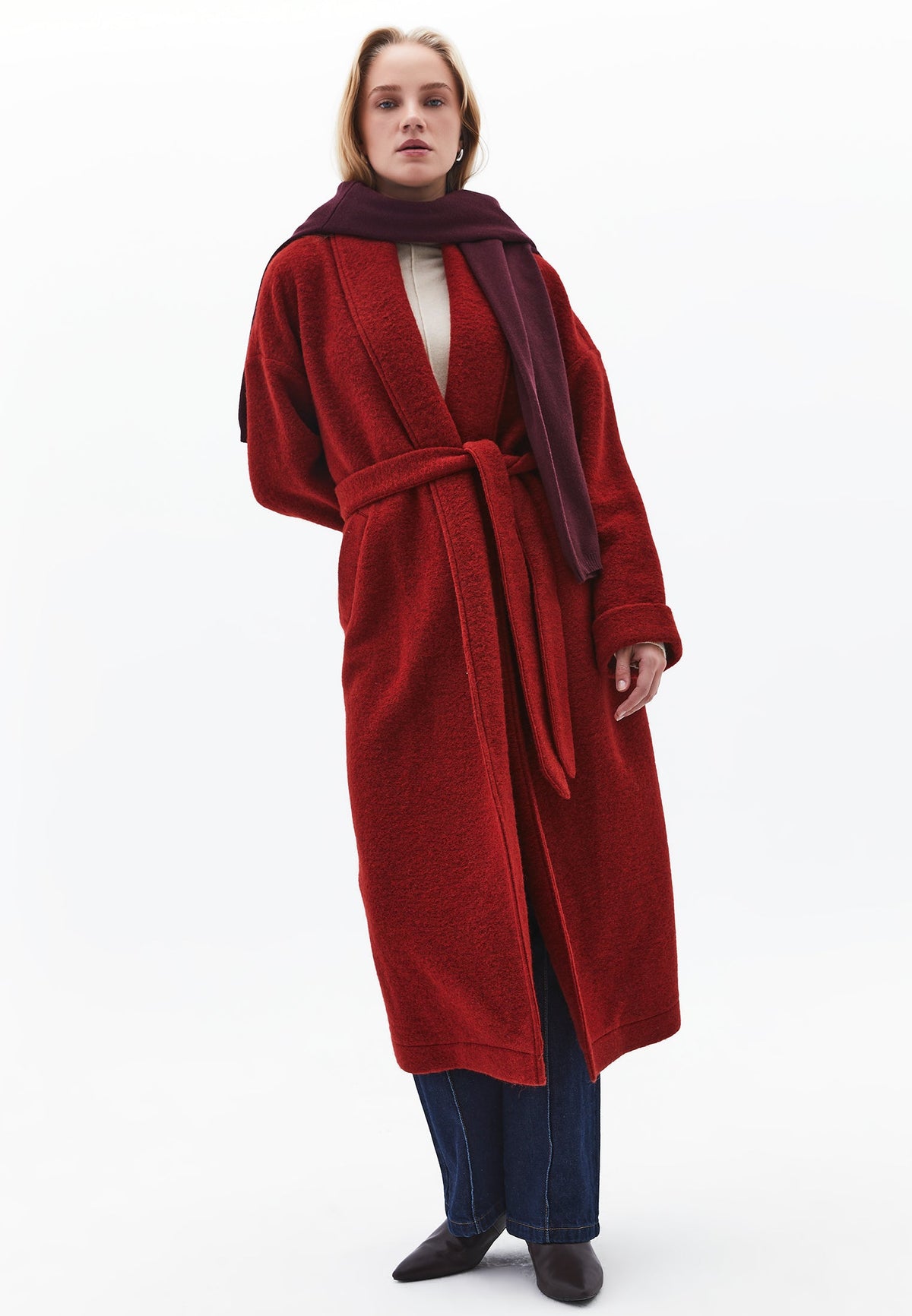 Long Coat With Shawl Collar And Belt Detail - FRIED BRICK