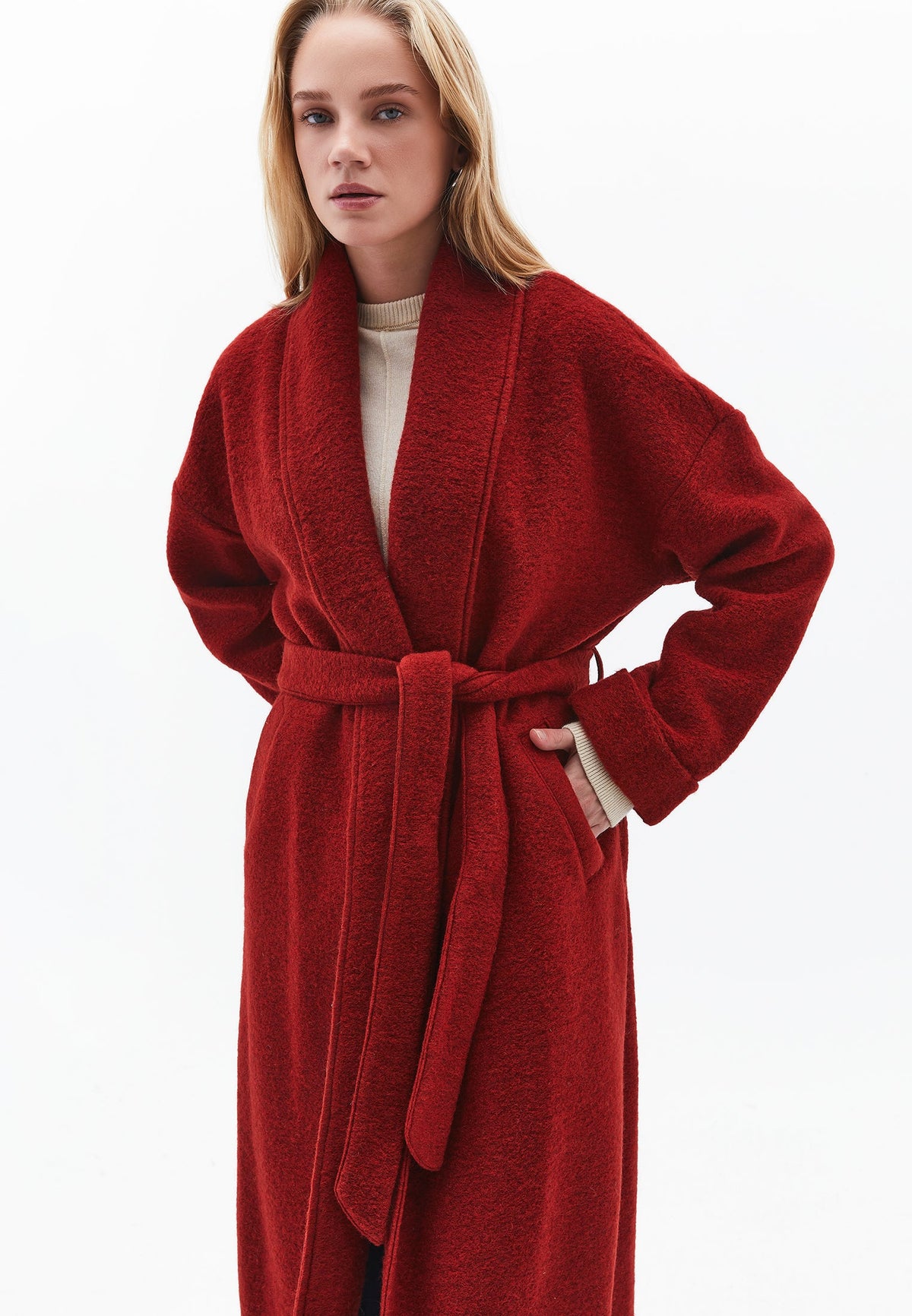 Long Coat With Shawl Collar And Belt Detail - FRIED BRICK
